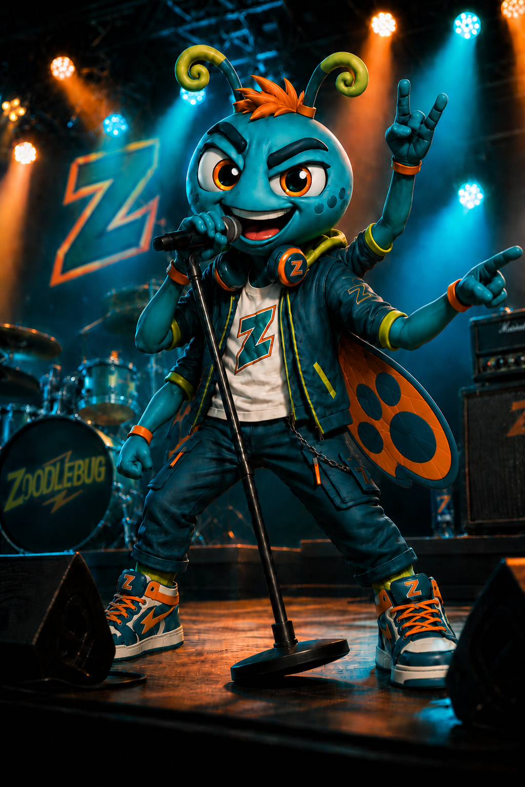 ZoodleBug mascot singing on stage
